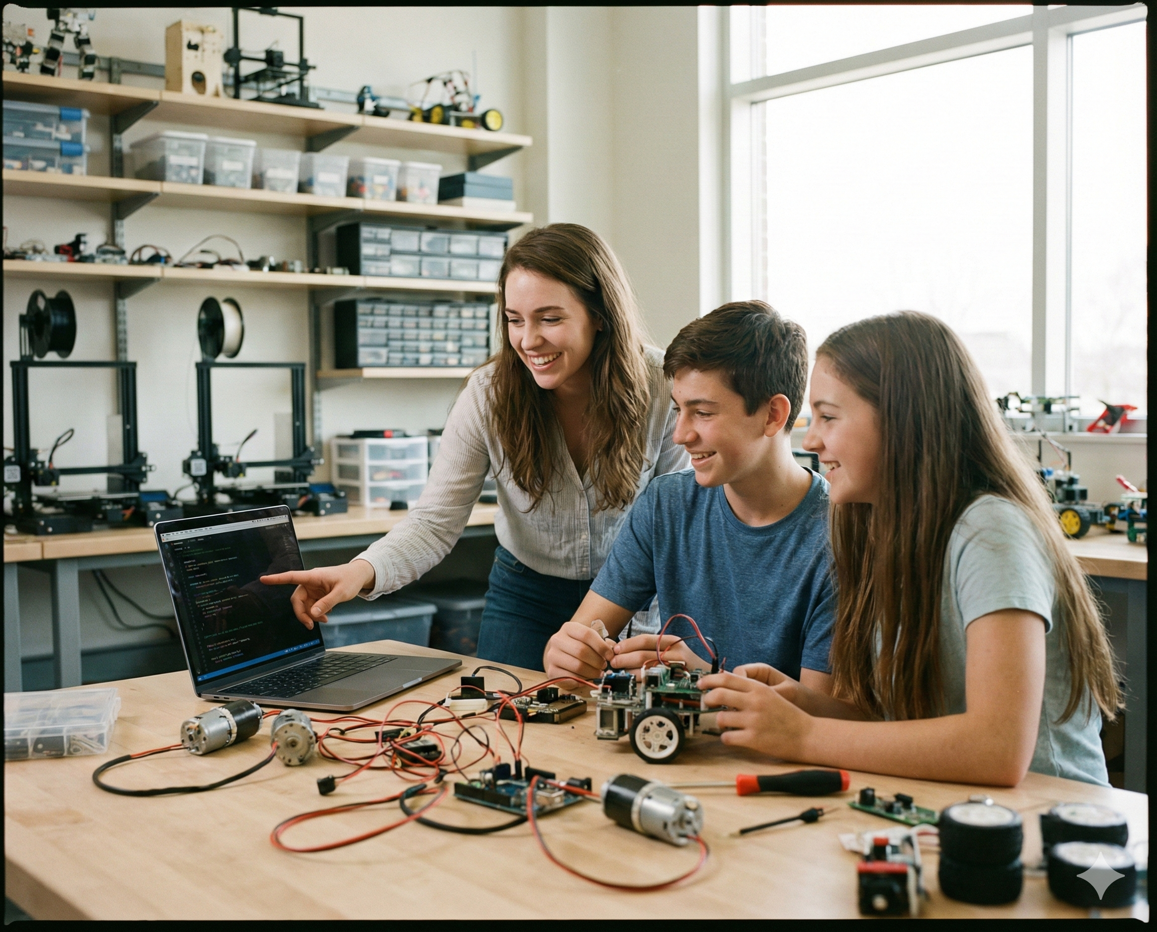 Students building robots under expert guidance